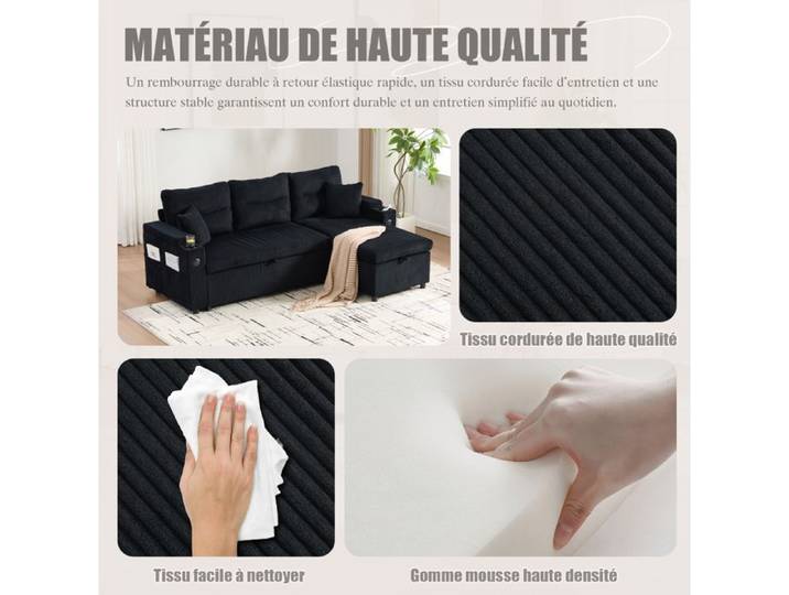 ROVRYN Canapé d'angle 3 places convertible lit gigogne méridienne rangement USB-C tissu côtelé noir