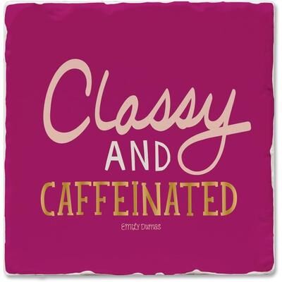 Thirstystone "Classy & Caffeinated 4 Pack Tumbled Tile Stone Coaster with Protective Cork Backing Made in The USA 4"" Square, Wipes Clean"