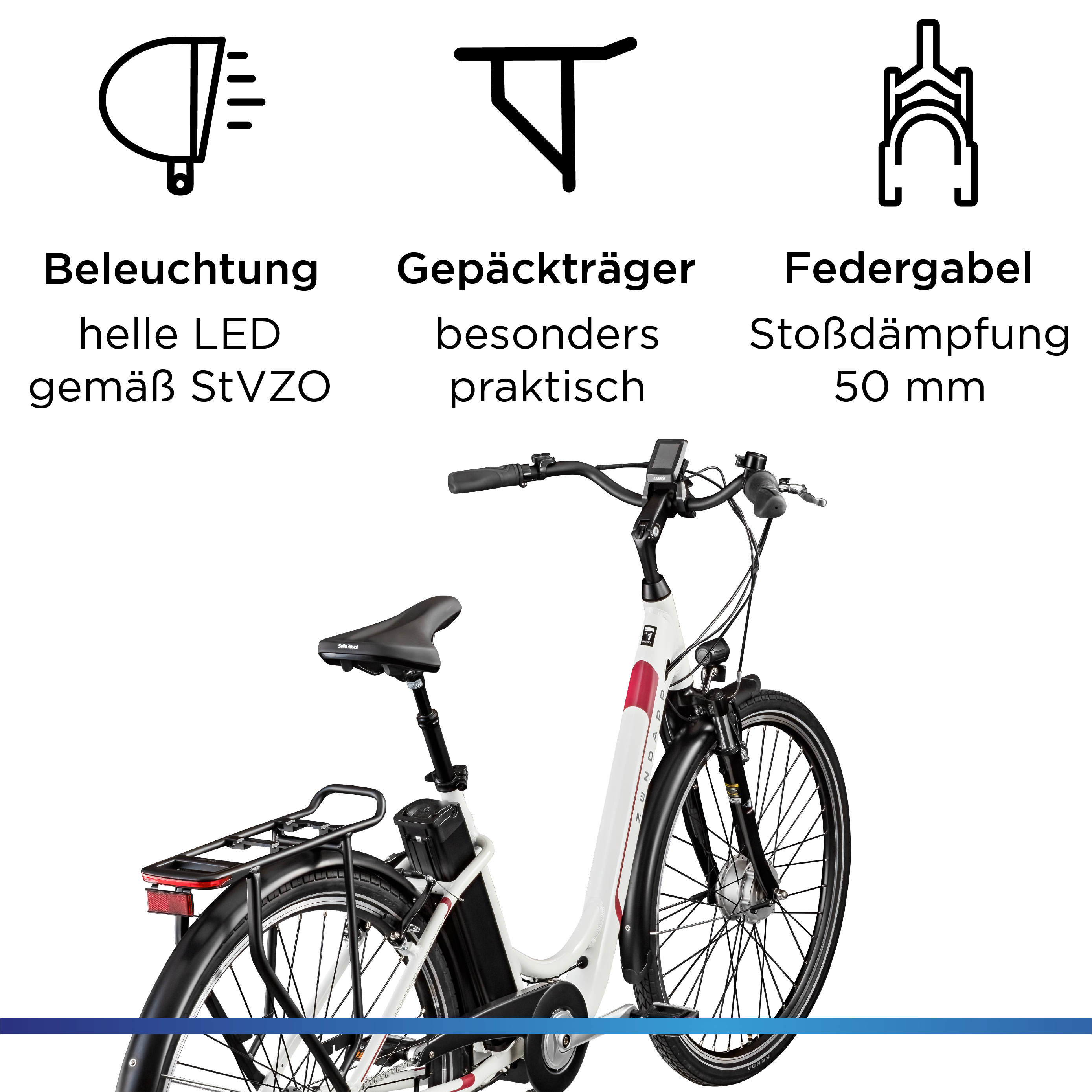 E-Bike ZÜNDAPP "Z517" Gr. 48, weiß (weiß, beere), Elektrofahrräder, 48cm, 28 Zoll (71,12cm), E-Bike, E Bike Damenfahrrad 28 Zoll 155 - 190 cm mit 7 Gang Nabenschaltung, Topseller