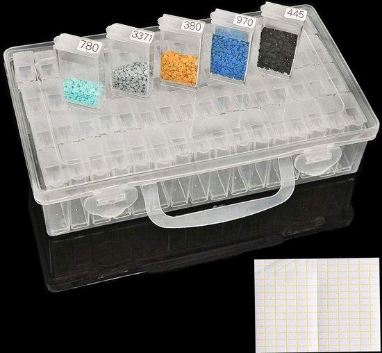 Unyqoos Opbergdoos voor diamanten schilderijen met 64 kleine bakjes en 196 labels, transparant, accessoirebox voor 5D diamanten schilderijen, kralen en sieraden, bakjes: 5,1 x 2,6 x 1,3 cm