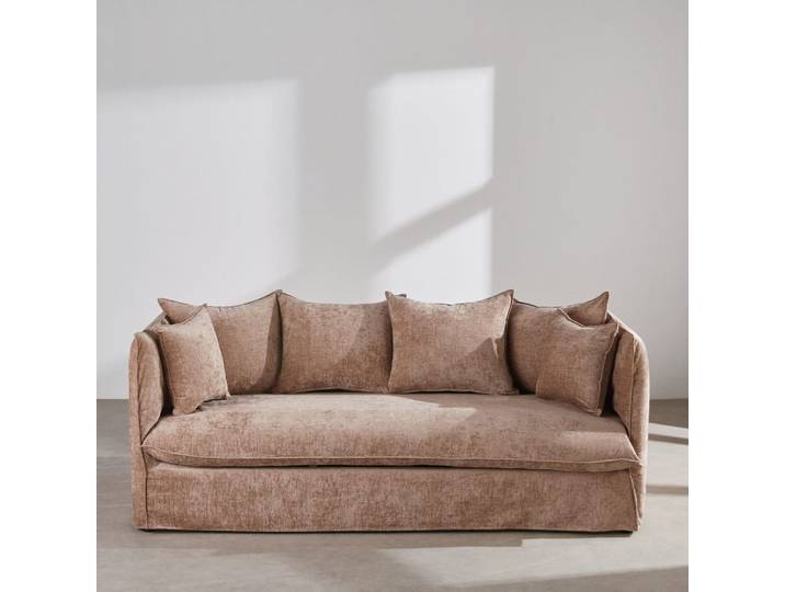 3-Sitzer-Sofa in beigefarbenem Samt mit Lattenrost