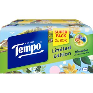 Tempo Taschentücher Wanderlust mit Alpenblumenduft, Duo Box, Zellstoff, 4-lagig, waschmaschinenfest, je 90 Tücher, 2 Boxen