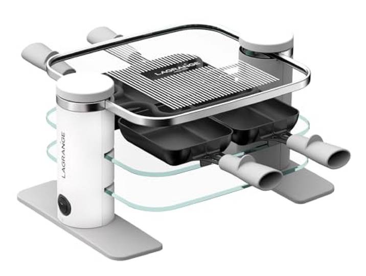 LAGRANGE Raclette-Gerät für 4 Personen, 500 W, Glasplatten, abnehmbare obere Platte für einfache Reinigung, integrierte Pfännchenablage, schlichtes Design, Ein-/Ausschalter, 079401