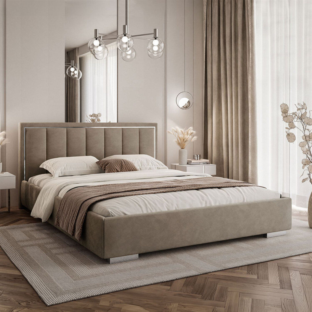 Ivy Bronx Upholstered Ottoman Bed Camel Double (145 x 205 cm)