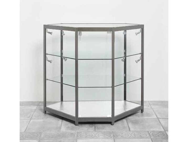 Eigentlich Theken-Eck-Vitrine Silber mit LED Beleuchtung 94x106,5x53,5cm Verkaufsvitrine Geschäftsvitrine 6-seitiges Vitrinen-Eckelement abschließbar, ESG-Sicherheitsglas, silberne Aluprofile