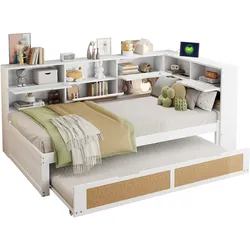 OKWISH Multifunktionales Schlafsofa 90x200 weiß Massivholz mit Ausziehbett - Platzsparendes Gästebett mit Stauraum & Ladeanschlüssen für kleine Wohnungen
