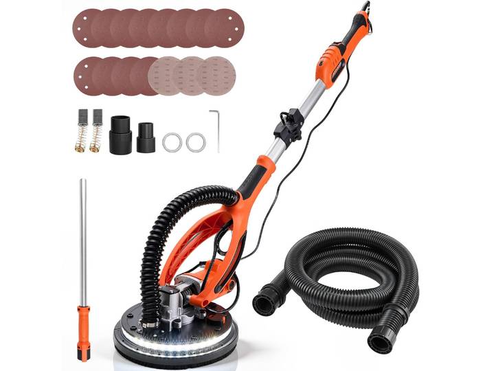 Ponceuse à sec VEVOR 850 W\, ponceuse de plafond avec plateau de ponçage de 255 mm\, ponceuse à long col avec vitesse de rotation de 800 à 1700 tr/min\, LED à double paroi\, poignée extensible\, 15 disques abrasifs\, tuyau d'aspiration de poussière