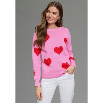 Jacquardpullover LAURA SCOTT "aus angenehm leichtem Frühlingsstrick", Damen, Gr. 44/46, pink (rosa, rot gemustert), Feinstrick, Obermaterial: 100% Baumwolle, Jacquardmuster, gemustert, figurumspielend hüftbedeckend, Rundhals, Rippbündchen, Pullover,...