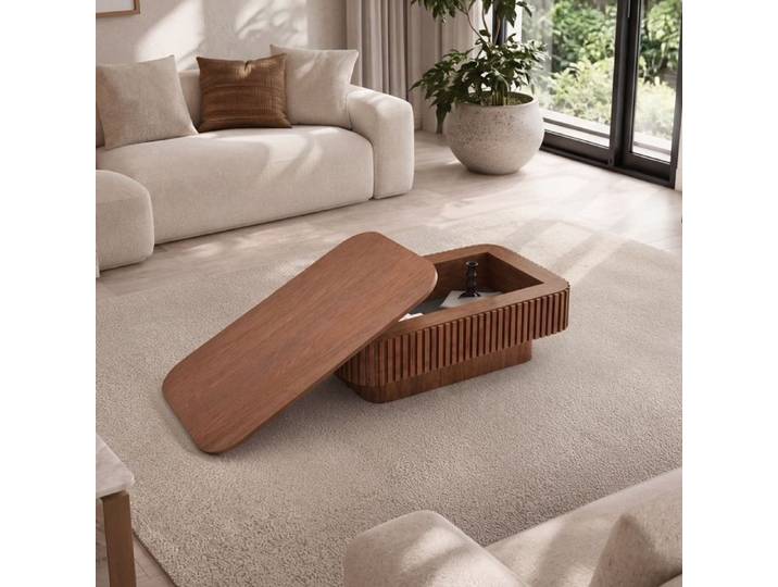 Table Basse Rectangulaire Cannelée avec Rangement Caché Table de Salon Moderne Plaquée de Bois massif Table D'appoint Noyer
