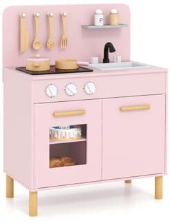 Costway Kids Kitchen Playset with Cooking Accessories and Storage-Pink