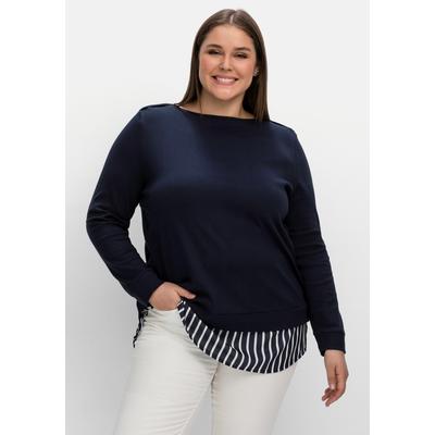 2-in-1-Langarmshirt SHEEGO "2-in-1-Shirt", Damen, Gr. 48/50, blau (nachtblau), 100% Baumwolle, Webware:100% Polyester, gemustert, unifarben, U-Boot-Ausschnitt, Shirts