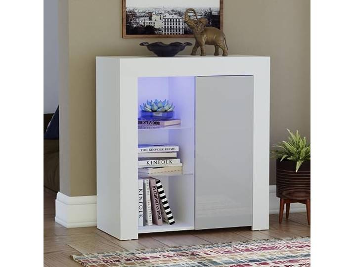 Vida Designs Azura LED Sideboard mit Schublade Aufbewahrung Schrank Ausstellen Möbelstück Hochglanz Modern RGB Beleuchtung Weiß und Grau