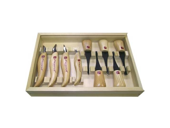 Flexcut Holzschnitzwerkzeuge, Deluxe-Handflächen- und Messer-Set, KN700, inkl. 4 Tranchiermesser und 4 Handflächenwerkzeuge, Messer mit Eschenholzgriffen und Klingen aus 1095 Hartstahl