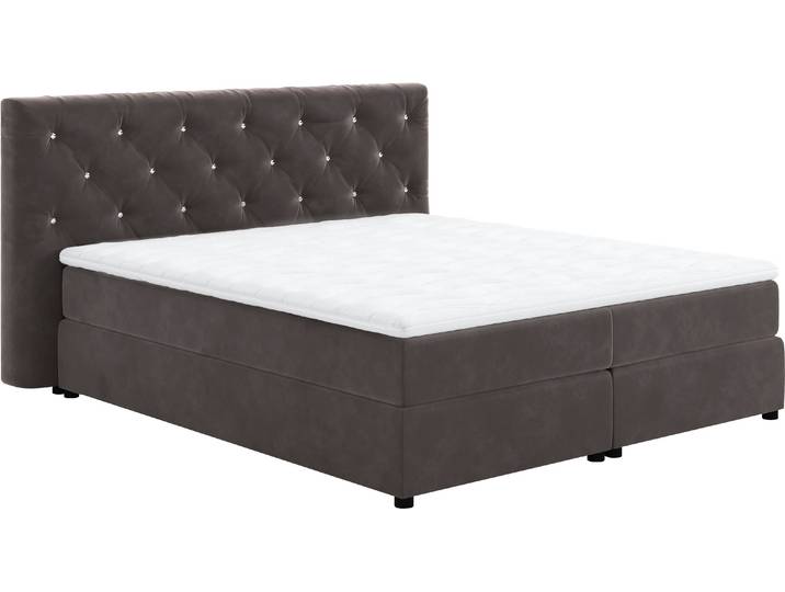 Boxspringbett, 100% Polyester, Grau, 164×220 cm, Strasssteine im Kopfteil, Cotta