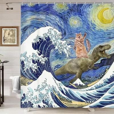 Uplift Essentials "Creative Kids ""Cat Riding Dinosaur"" Shower Curtain style 3 59 In X 71 In"