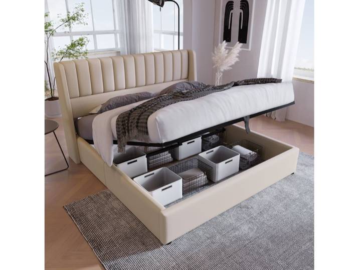WUVRIE Lit coffre hydraulique 140 x 200 cm en lin beige tête de lit rembourrée lattes en bois et cadre métal