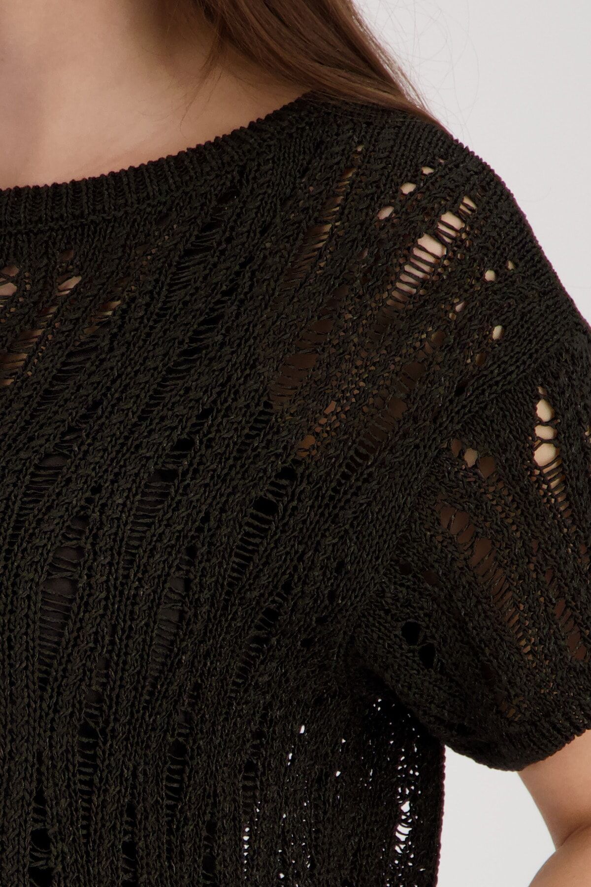 Ajourpullover MONARI "Pullover Ajour", Damen, Gr. 38, schwarz (braun), Strick, Obermaterial: 87% Polyacryl, 13% Polyamid, unifarben, regular fit taillenbedeckt, Rundhals, eingesetzt Rippstrickbündchen, Pullover Ajourpullover, Regular fit mit Ajour-Strick 