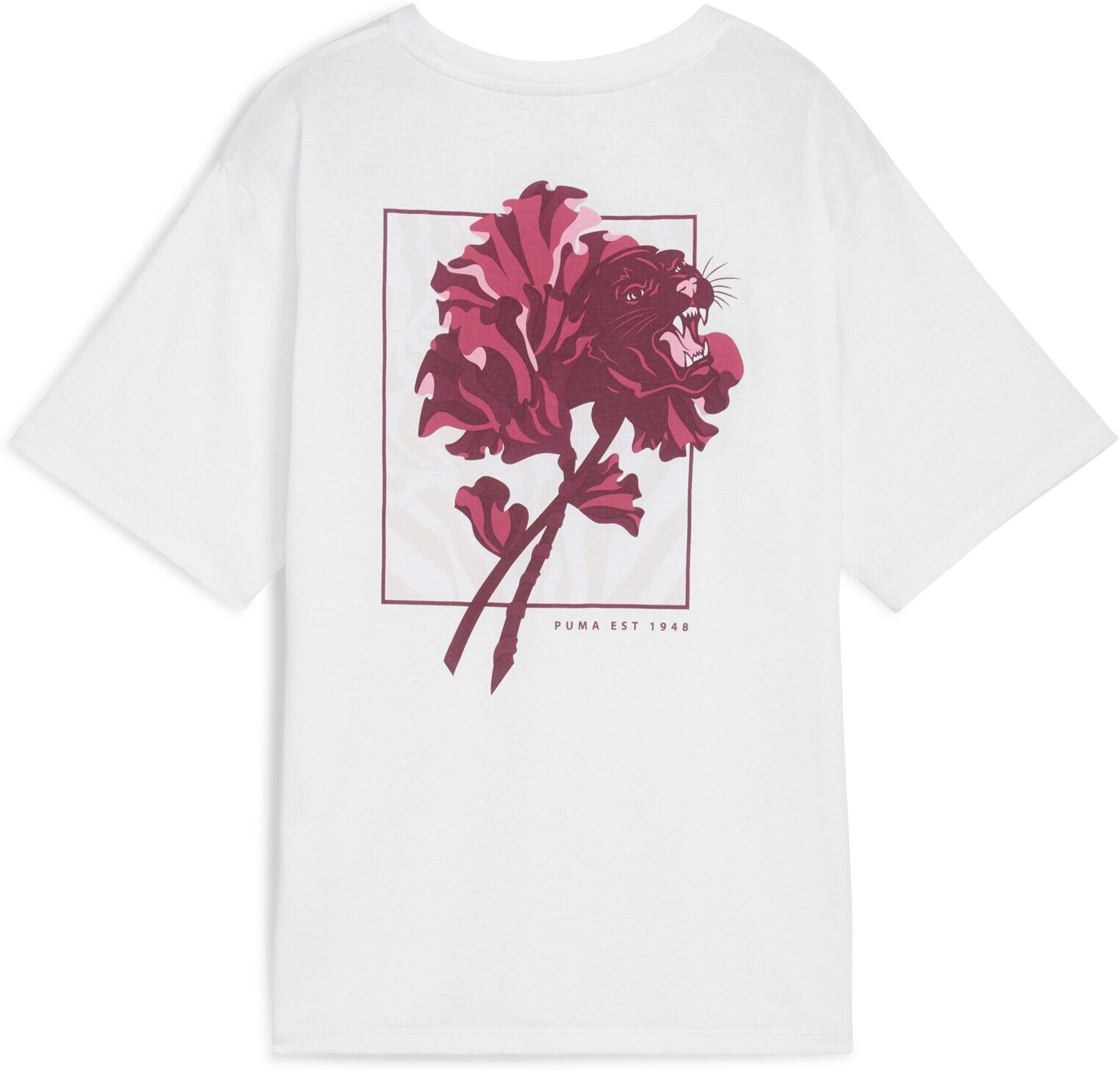 Trainingsshirt PUMA "W FLORAL CAT GRAPHIC TEE", Damen, Gr. M, weiss (puma weiß, q3), Jersey, Obermaterial: 50% Polyester, 25% Baumwolle, 25% Viskose, relaxed fit normal, Rundhals, Shirts Trainingsshirt, Relaxed Fit, atmungsaktiv, schnell trocknend, Rundha