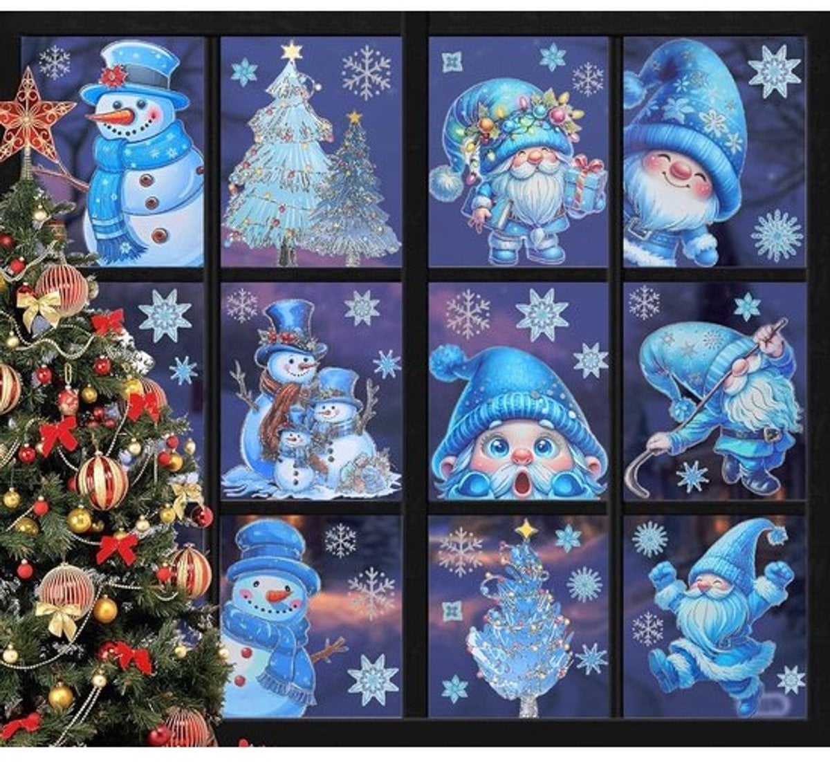 9 vellen zelfklevende kerst raamstickers in glanzend zilver voor winterdecoratie