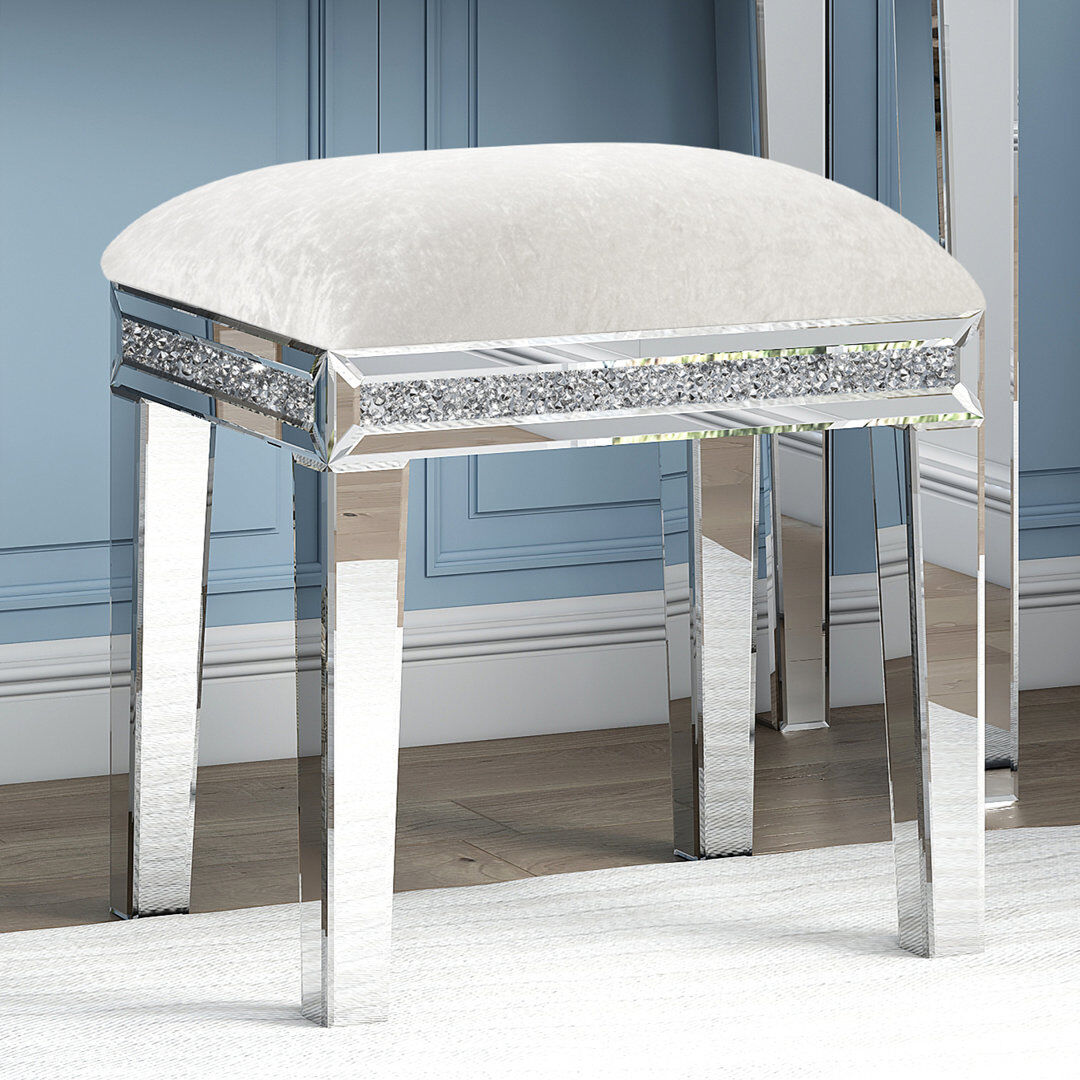 Blue Elephant Mikayil Mirrored Glass Vanity Dressing Table Stool Decorative Accent Stool Pearl White 53cm H X 36cm W X 46cm D