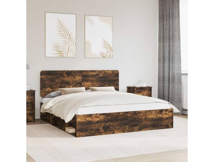 RJPLMFV Bettgestell, Raucheiche, 200 x 200 cm, massives Kiefernholz Lattenrost aus Holz, natürliches Kopfteil, leicht zu reinigen, Montage erforderlich