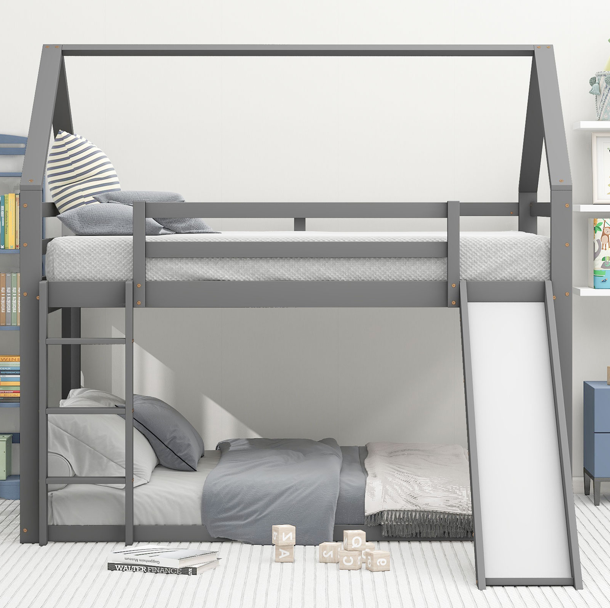 Fortuna Lai Hochbett 140x200cm,Doppelbett Kinderbett Hausbett Etagenbett mit Rutsche und Leiter, Kinderzimmer Hoch-Doppel-Stockbett (Grau)