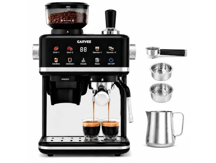 Siebträgermaschine mit Mahlwerk, 20 Bar, Cold Brew, 1550W Schnellaufheizung 30 Mahlgrade, Anpassbare Brühzeit, Mit Vorbrühfunktion und Entkalkungsfunktion für Espresso, Cappuccino & Latte