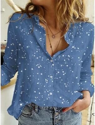 Uplifted Finds Womens Cotton Linen Button Down Lapel Blouse l polka Blue