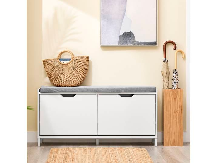 SoBuy FSR151-L-W Banc à chaussures avec siège étagère à chaussures Armoire à chaussures étroite avec rangement 250 kg MDF et fer déposable 105x52x24