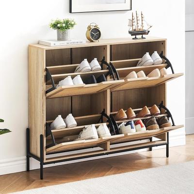 YUN Twith Fluted Panel Shoe Storage Cabinet，3 Gears Adjustable Partitions Freestanding Wooden Shoe Organizer