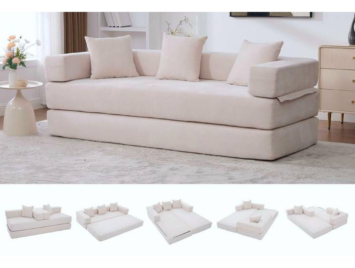 LVHOM Loungesofa 3 Sitzer Sofa mit Schlaffunktion, Formveränderung, mit Seitentaschen, Rutschfeste Unterseite, zwei Kissen verbunden mit Reißverschluss, modular frei kombinierbar (mit festen Armlehnen) für Sofa/Liege/Spielzentrum. Premium Chenille (superweich). Schaumstoff-Füllung (schnelle Rückfederung). Tiefe Sitzfläche (Komfort), in Wohnzimmer,Kinderzimmer, Homeoffice, Leseecke, Spielzimmer