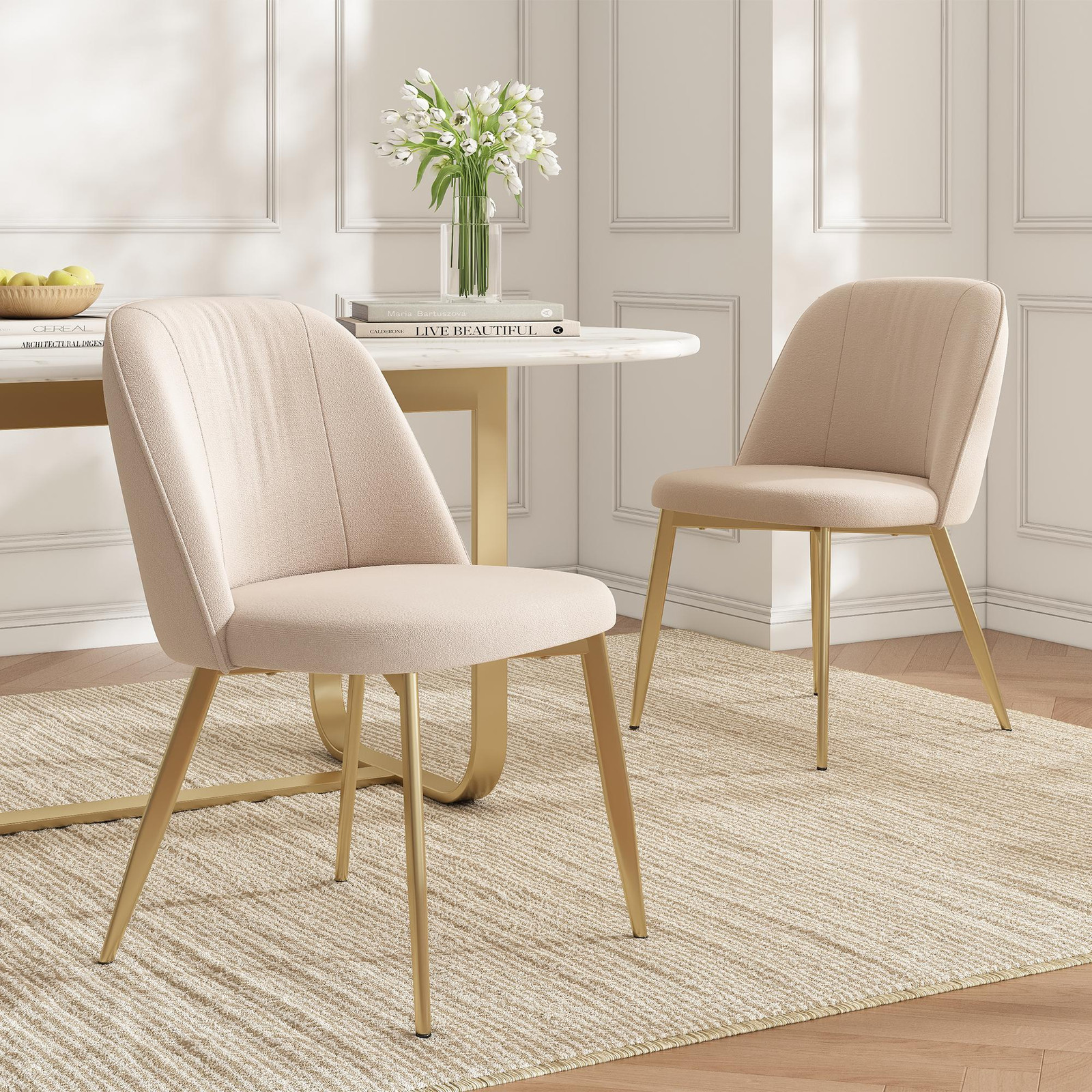 MODFU Set van 2 ergonomische eettafelsstoelen met goudkleurige metalen poten, beige