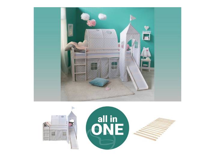 Homestyle4u Hochbett Kinder mit Rutsche 90x200 mit / ohne Matratze Holz Sterne Mädchen (Spar-Set, mit Lattenrost, Rutsche, Tunnel, Turm, Jungen Mädchen) mit Rutsche, Spielbett