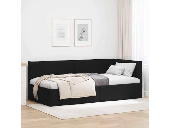 YUOTYRKTEJRSG Stoff Eckbettrahmen L Design 90x200 cm Schwarz Eckbettgestell mit Kopfteil Schwarz 90x200 cm Stoff L-Form Sofa Bett Platzsparend mit Lattenrost Schlafzimmer Möbel