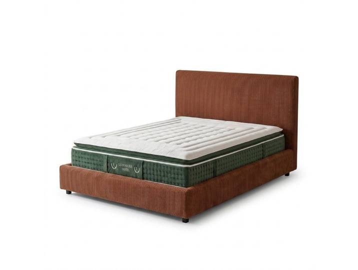 Ensemble lit coffre - SAMPUR - TerraCotta - 180x200 - Velours côtelé rouge - Matelas 33 cm mémoire de forme