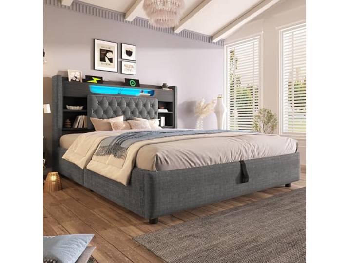 VILUXE Doppelbett 180x200 mit USB-C LED Bettkasten Grau Leinen-Polsterbett mit Hydraulik-Bettkasten, LED und USB-C, Schlafzimmer, Paare und Familien