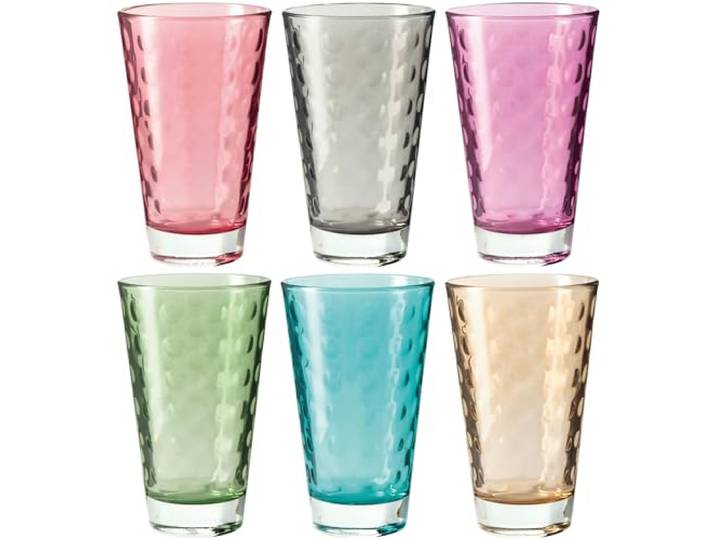 Leonardo Optic Trink-Gläser 6er Set, buntes Gläser-Set mit Muster, spülmaschinengeeignete Saft-Gläser, Glas Trink-Becher in 6 Farben, bunt, 300 ml, 047283