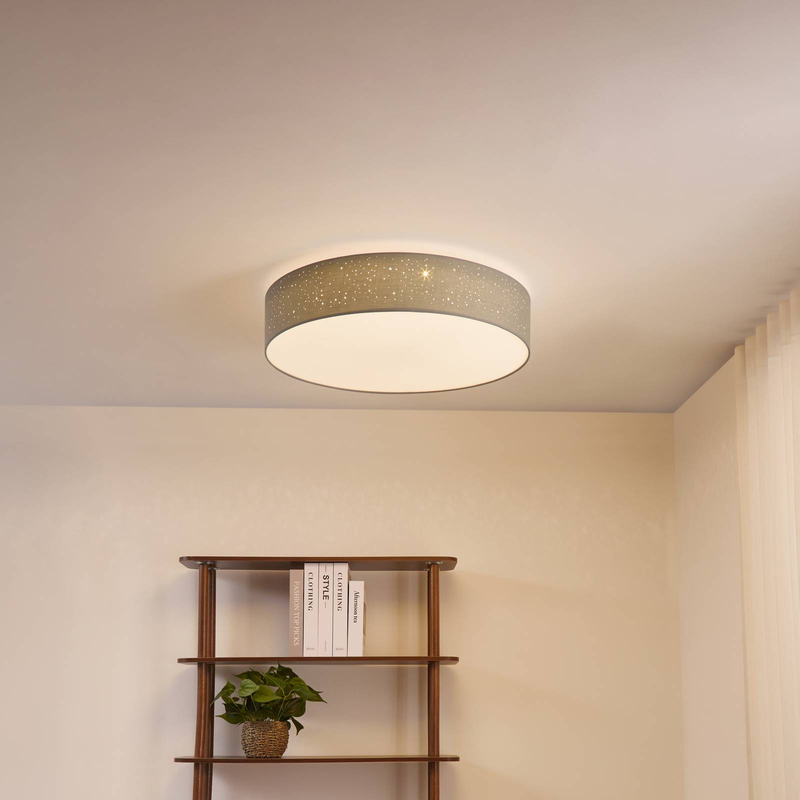 LED loftslampe Ellamina Lindby, dæmpbar, Aluminium/grå/zink, Stue/spisestue, Tekstil/stof/silke, Moderne