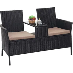 Poly-Rattan Sitzbank mit Tisch MCW-E24, Gartenbank Sitzgruppe Gartensofa, 132cm ~ schwarz, Kissen creme