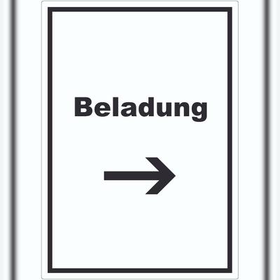 HB-Druck Beladung Aufkleber mit Text und Richtungspfeil rechts Transport Fracht hochkant A9 (37x52mm)