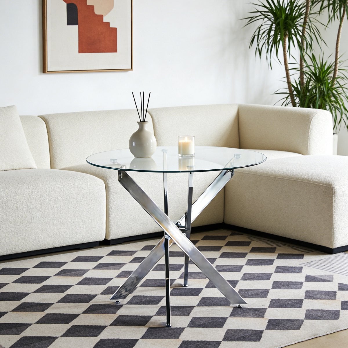 Wishdor Eettafel met glazen blad en zilverkleurige metalen kruispoot