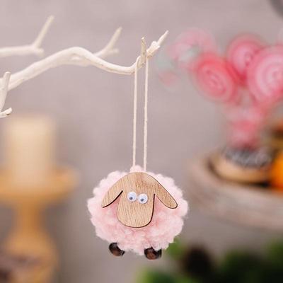 Inspired Deals Rustic Wooden Christmas Ornament With Lambskin Sheep Christmas Tree Hanging Decoration pink