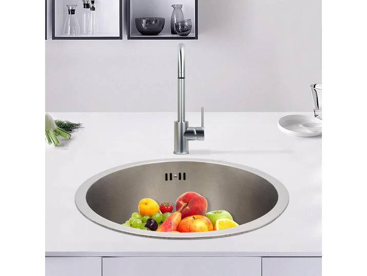 Évier rond, diamètre 36 cm, évier de camping, évier encastré, évier en acier inoxydable, évier encastré, évier de cuisine (argent)