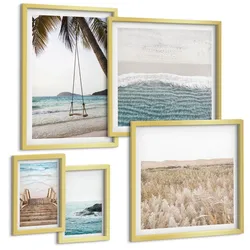 BILDER SET 5er Set - 50x50 cm & 20x30 cm & 40x60 cm Goldrahmen - Treppe, Strand, Meerblick, Schaukel