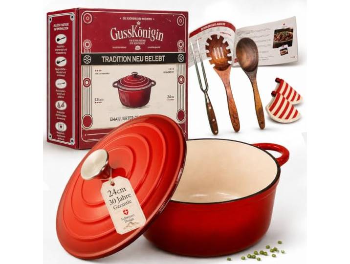 GUSSKÖNIGIN Gusseisen Topf 24 cm, Bräter mit Deckel, Dutch Oven Schmortopf Emailliertes Gusseisen, Bräter mit Deckel, Dutch Oven für Induktion, Brot backen, Zubehör und Rezeptbuch inklusive