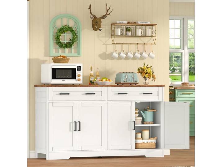 Buffet - Meuble bas 140x38x80 cm - 2 tiroirs - 4 portes - Étagères réglables Blanc