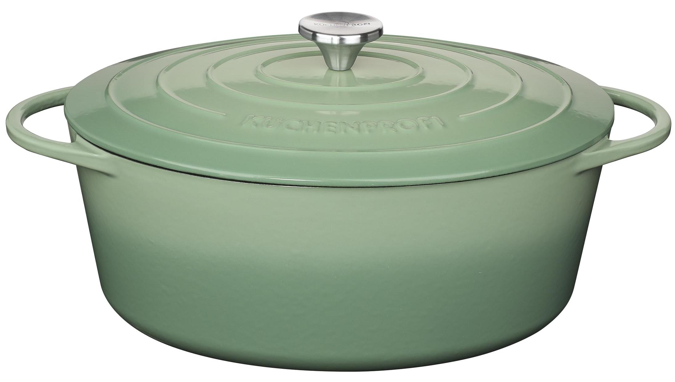 Gusseiserne Bratpfanne oval 33 cm mit Deckel, jade, emailliert, für Induktion