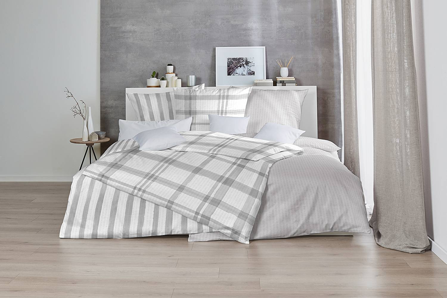 home24 Seersucker Beddengoed Karo Wit/Grijs/Lichtgrijs B: 135 cm