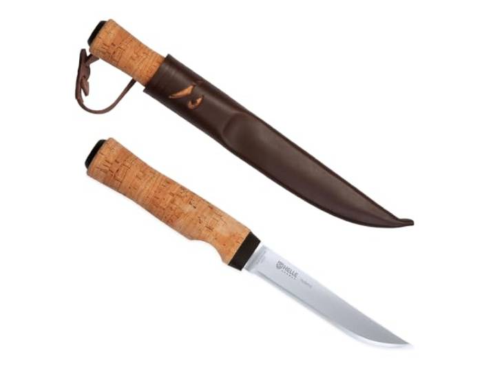 Helle Filiermesser, schwimmend, Korkgriff, Lederscheide, Qualität Made in Norwegen mit einer Stick Tang 12C27 Edelstahlklinge und Korkgriff