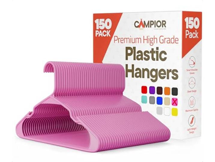 Campior Kunststoff-Kleiderbügel, robust, platzsparend, rutschfest, langlebig und leicht, PP-Kleiderbügel für Kleidung, Rosa, 150 Stück